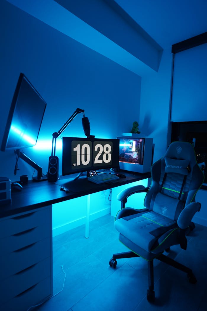A well-lit gaming workstation featuring dual monitors and a comfortable gaming chair, perfect for gamers.