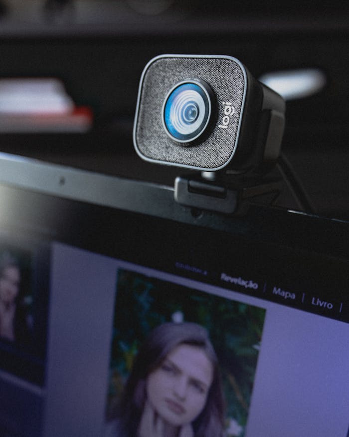 Webcam put on display of netbook and connected to Internet at modern workplace