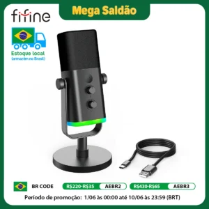 Microfone Dinâmico Gamer FIFINE AmpliGame AM8 USB/XLR RGB Cardioide Com Mute Podcast e Streaming