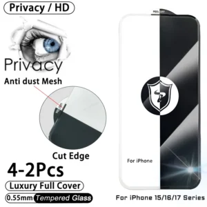 Película Privacidade iPhone 17 16 15 Pro Max Vidro Anti-Poeira