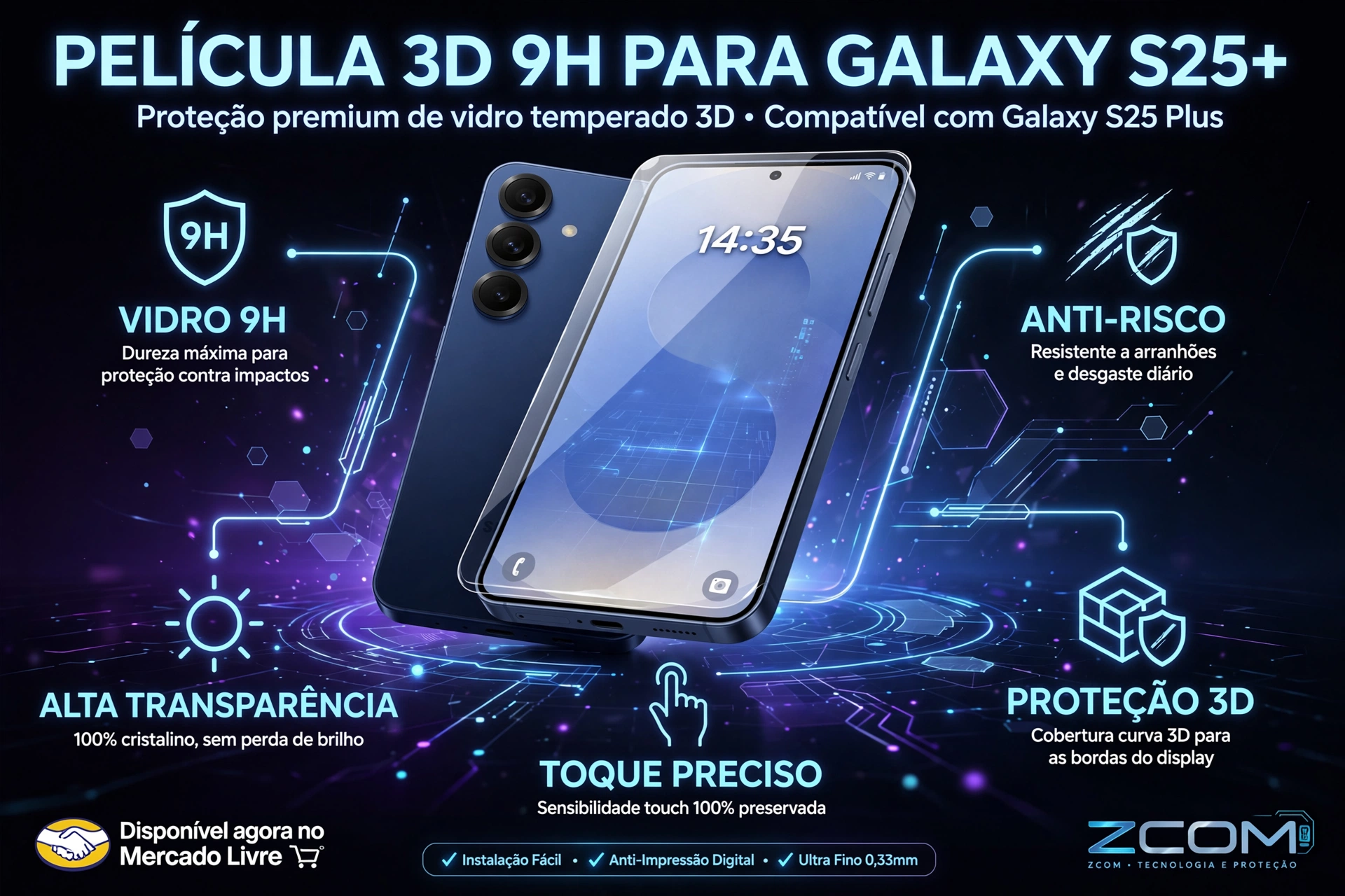 película 3d samsung s25 plus 9h vidro temperado anti impacto