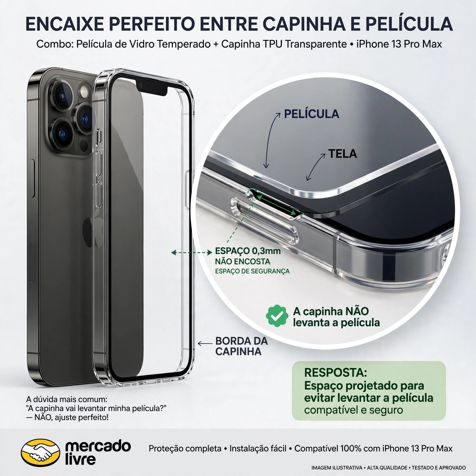 kit capinha transparente + pelicula vidro iphone 13 pro max