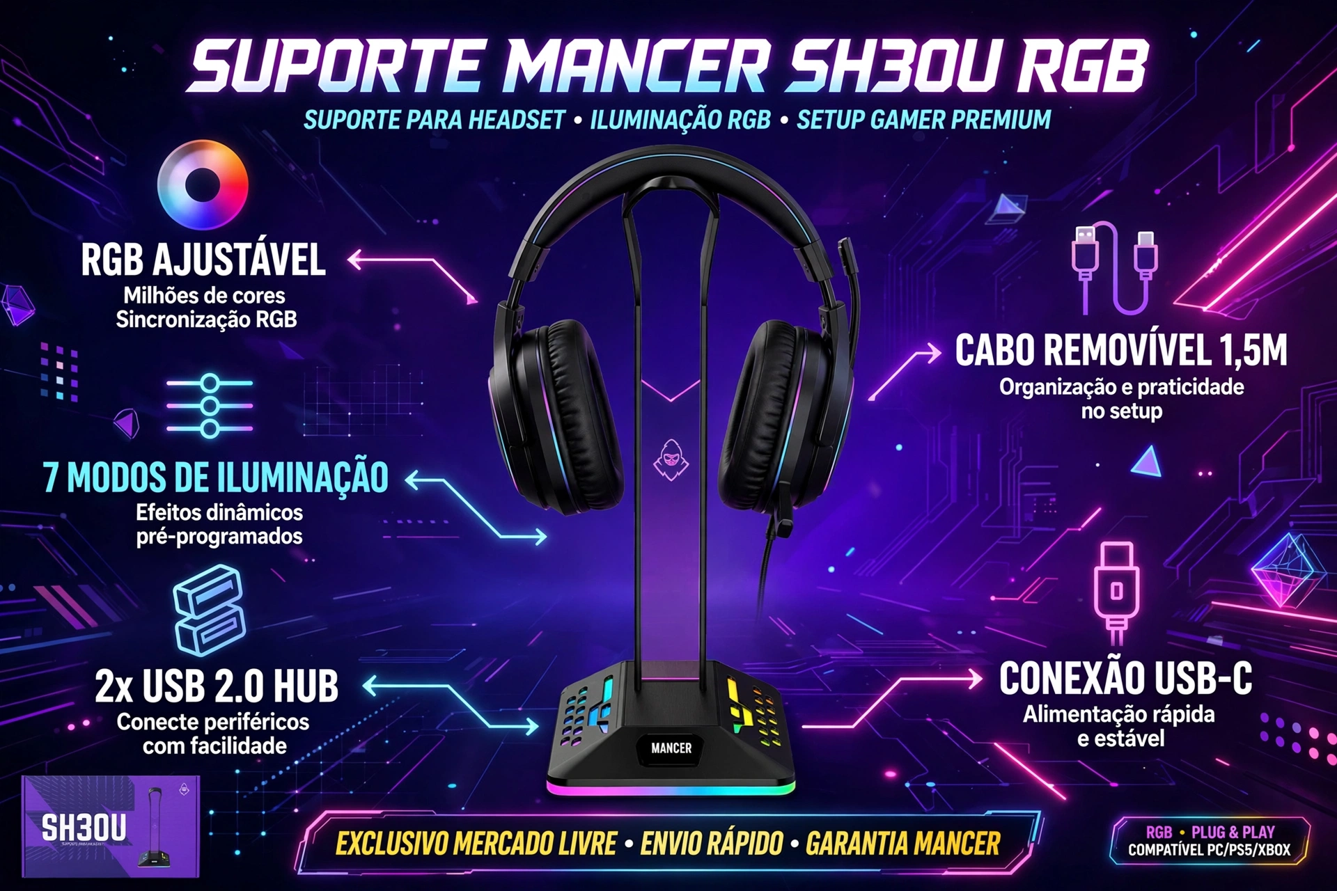 suporte headset mancer sh30u rgb led usb para setup gamer suporte headset mancer sh30u rgb led usb para setup gamer
