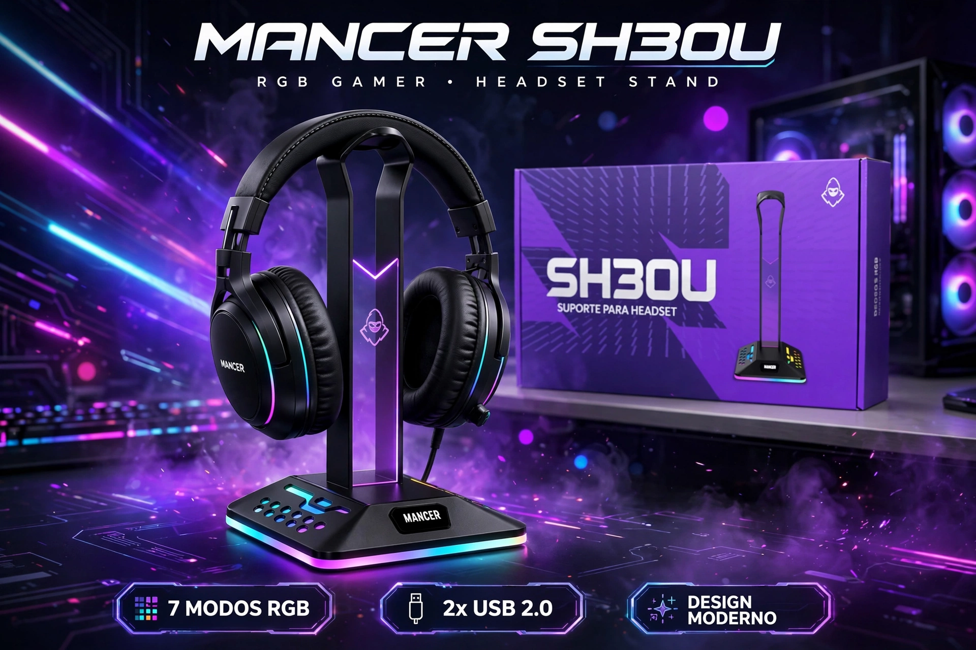suporte headset mancer sh30u rgb led usb para setup gamer suporte headset mancer sh30u rgb led usb para setup gamer