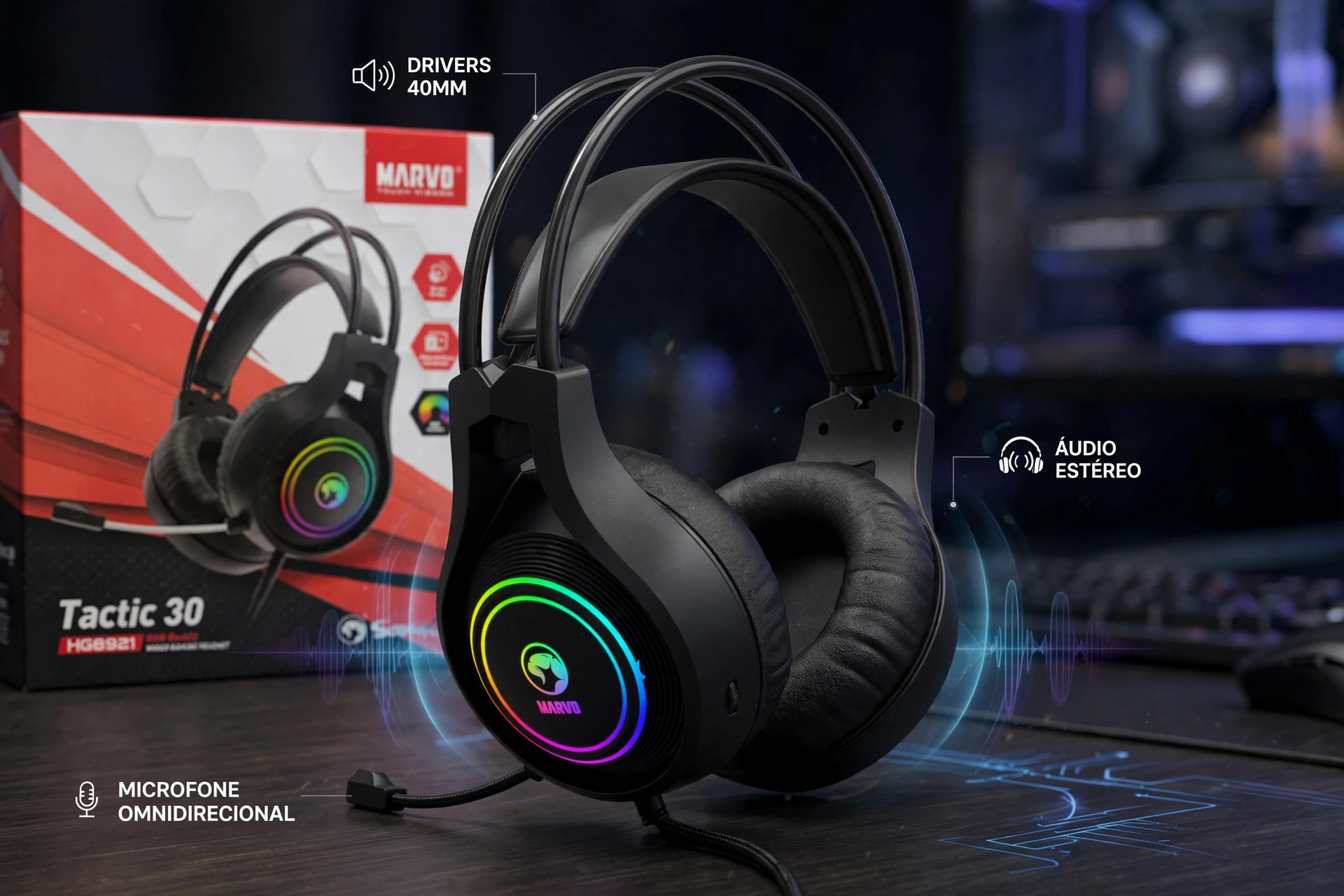 headset gamer com microfone marvo hg8921 rgb 40mm premium