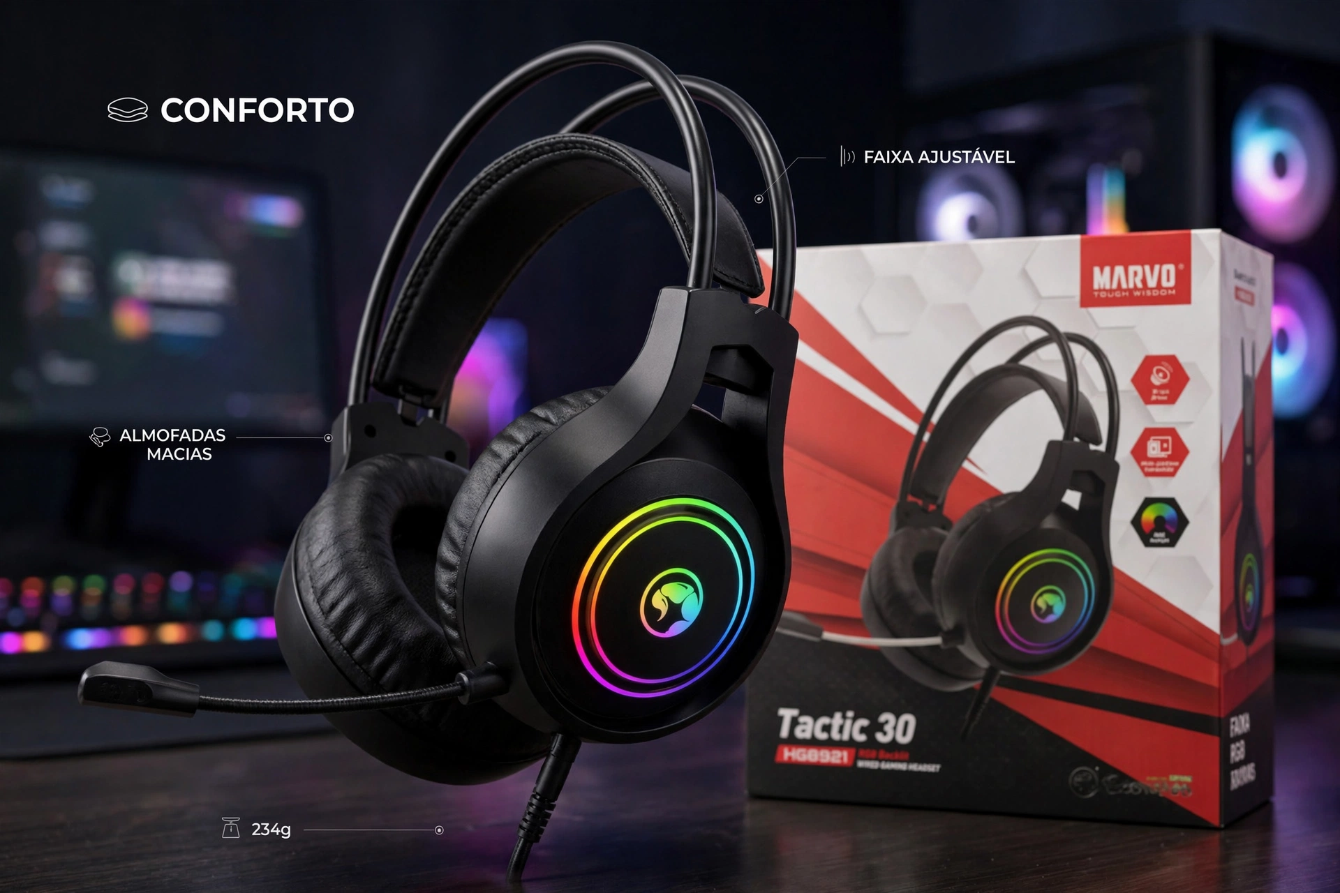 headset gamer com microfone marvo hg8921 rgb 40mm premium