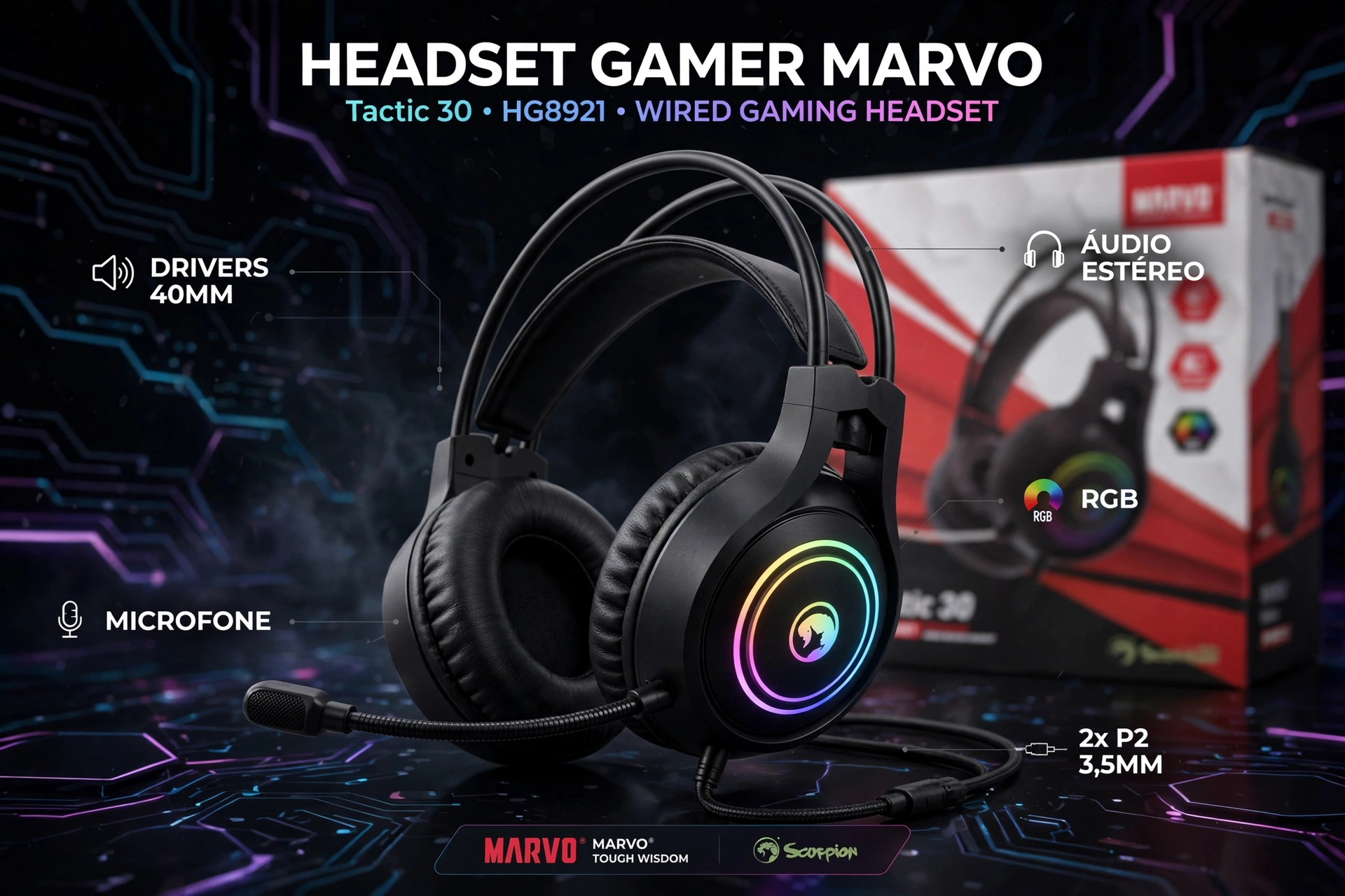 headset gamer com microfone marvo hg8921 rgb 40mm premium