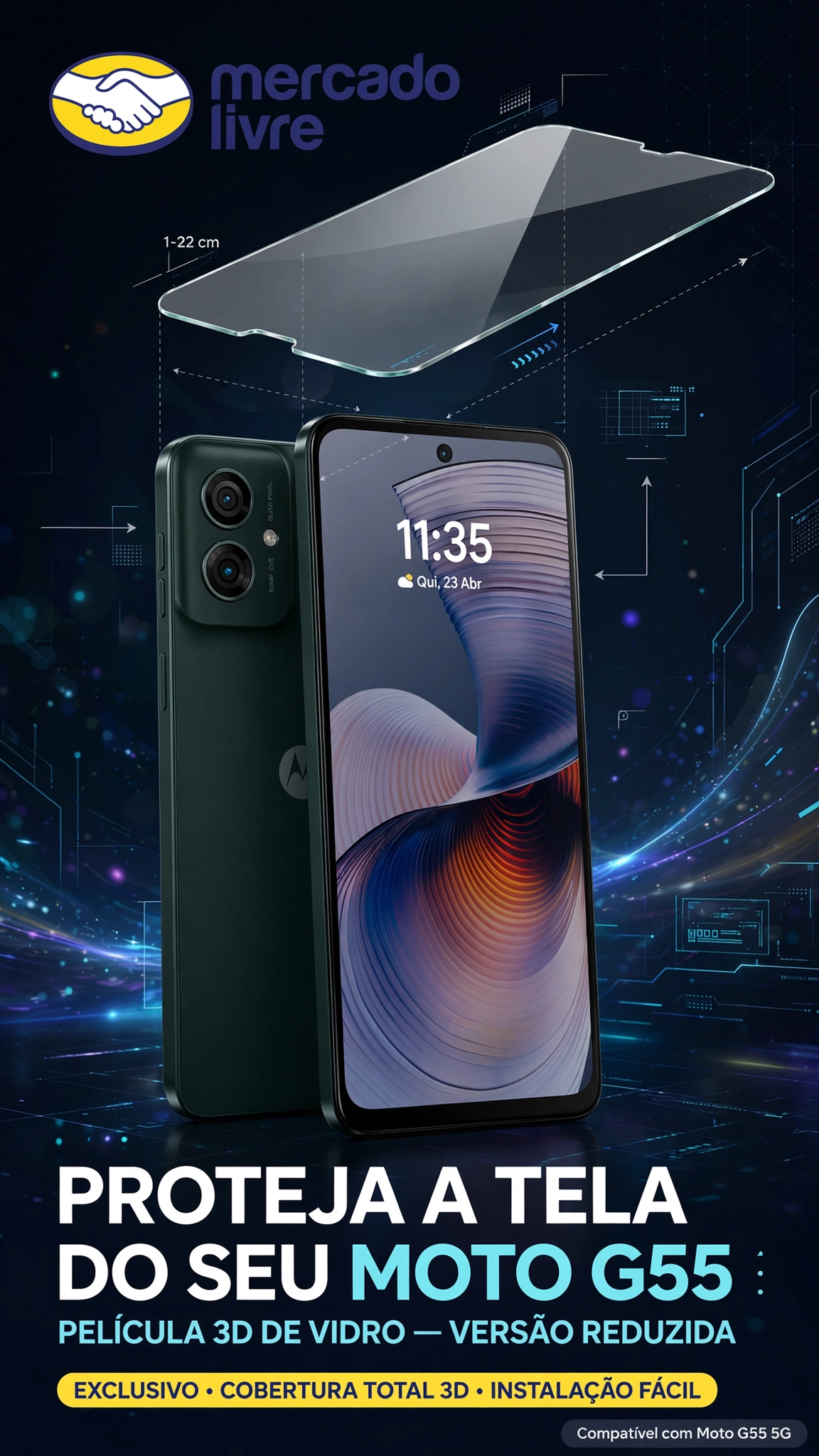 película 3d moto g55 vidro temperado proteção de tela