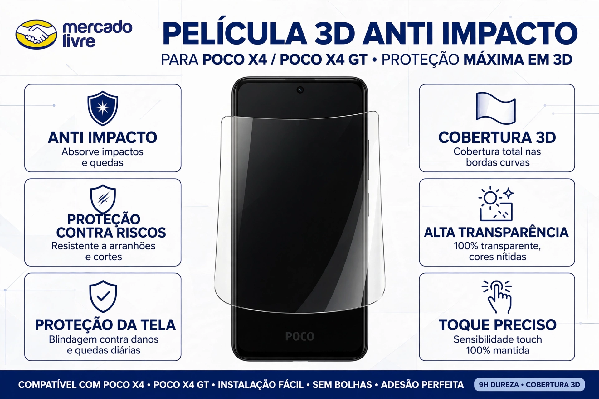 película de vidro 3d anti impacto compatível com poco x4 gt