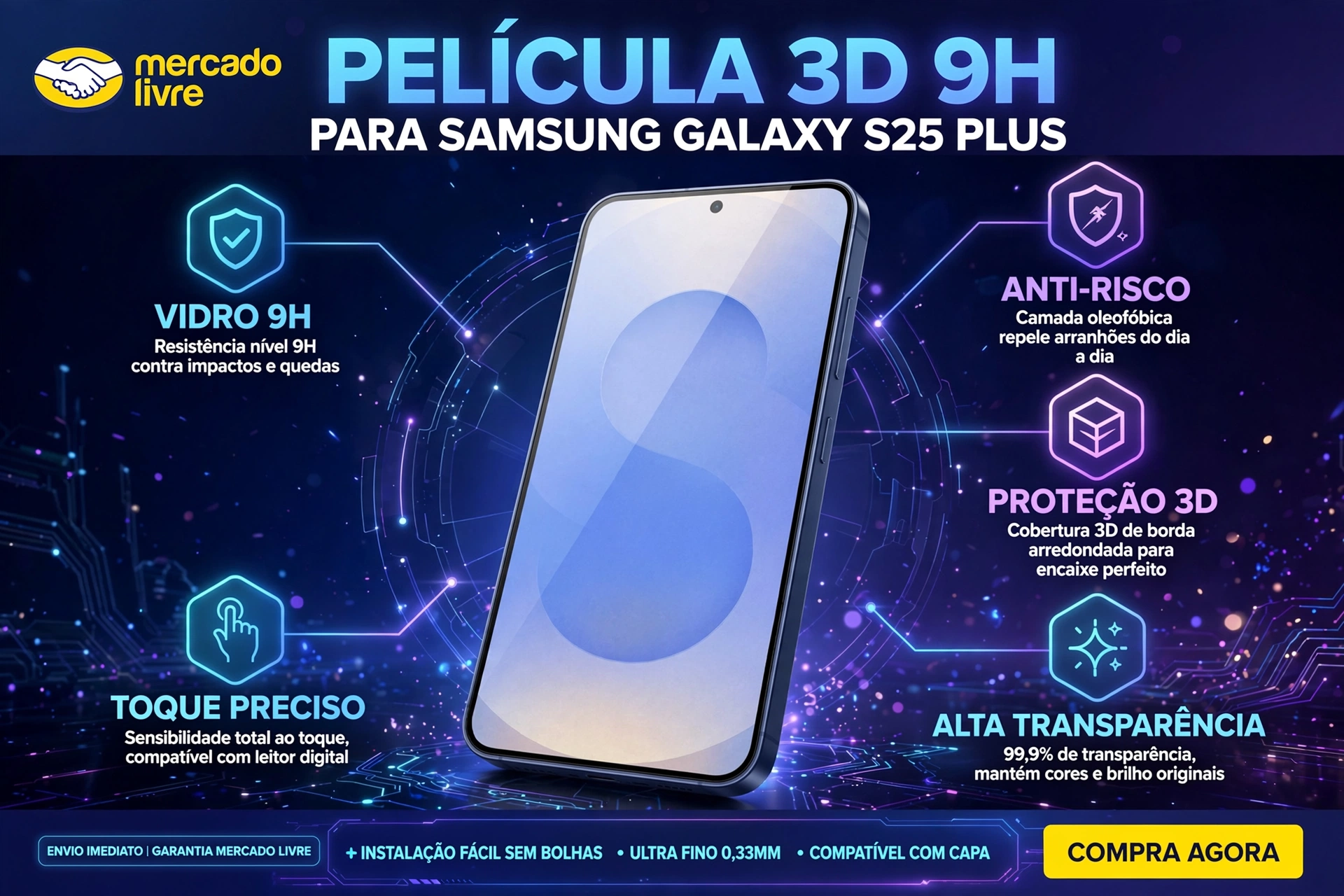 película 3d samsung s25 plus 9h vidro temperado anti impacto