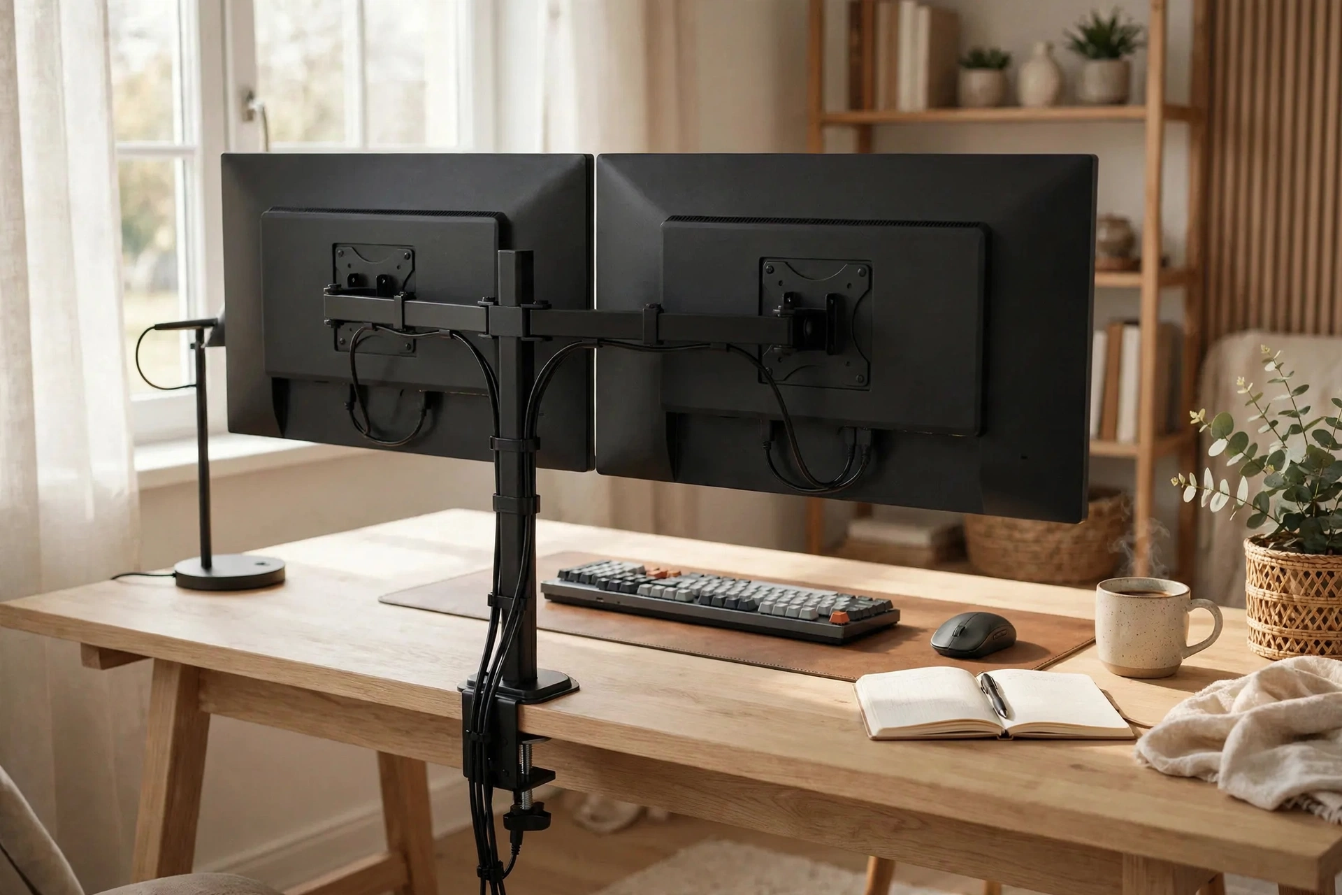 suporte articulado duplo de mesa zinnia tms 180 para 2 monitores