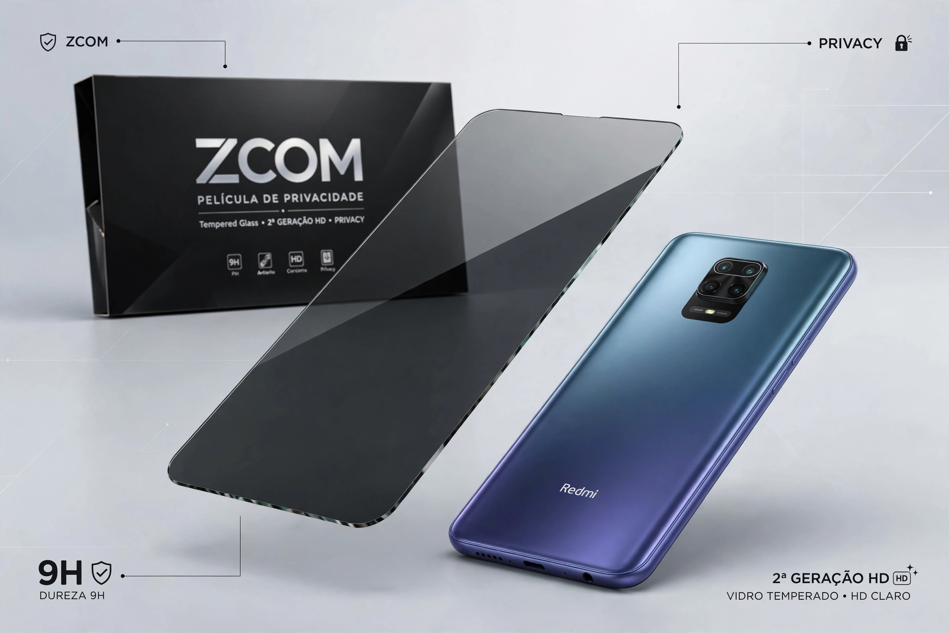 película privacy vidro temperado redmi note 9s 9 pro zcom 9h